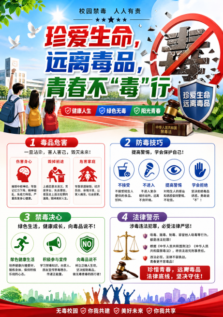 校园禁毒宣传海报，主题为"珍爱生命，远离毒品，青春不‘毒’行"，突出毒品危害、防毒技巧、禁毒决心和法律警示，适合校园宣传风格，设计醒目大方预览效果