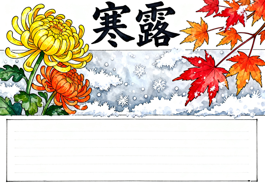重新生成寒露主题横版A4手抄报，马克笔手绘风格，调整构图，保留菊花、枫叶、凝霜核心寒露元素，顶部“寒露”大字标题，预留干净空白文字区域，色彩协调自然预览效果