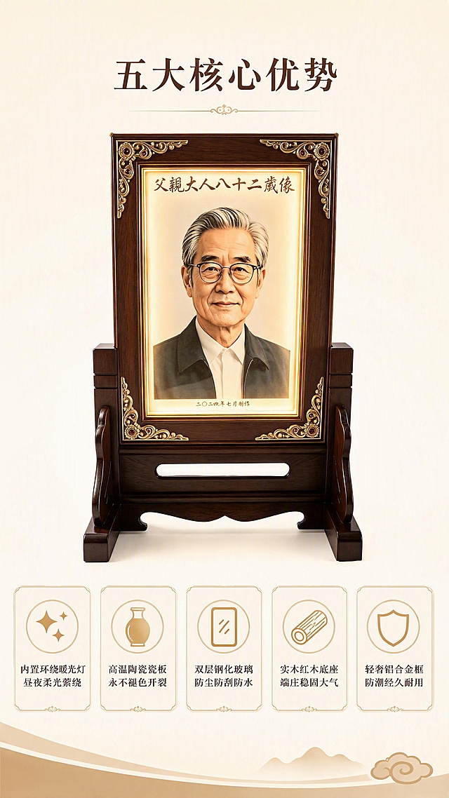 [第2张] 核心5大卖点速览页-中式带灯高温陶瓷先人肖像纪念摆台。本张使用【图3】作为产品展示图。
[氛围/风格] 庄重温馨，信息清晰易读，图标+短句排版，商业设计质感。
[元素布局] 上方小图展示产品开灯整体效果，占画面约25%，居中偏上；下方横向5栏布局展示5大卖点，每栏含图标+文字；背景为米白色渐变，底部浅咖色装饰条；产品外观与输入图一致。
[光影质感] 整体明亮柔和，产品图保留暖光发光效果，图标区域均匀打光，文字清晰无阴影干扰。
[配色色系] 全局底色 #FAF7F2 米白色；主色深胡桃木色 #5C3A21；辅助色淡暖金色 #D4AF6A、浅咖色 #B8956E；图标用淡暖金色描边。
[视角构图] 竖版上下构图，阅读动线：上方产品小图 → 中部5栏卖点横向排列 → 底部装饰。
[文字版式] 版式为上产品图 + 中5栏卖点 + 下留白。顶部小标题「五大核心优势」，深胡桃木色宋体居中；5栏横向排列：第1栏图标✨配文「内置环绕暖光灯 昼夜柔光萦绕」，第2栏图标🏺配文「高温陶瓷瓷板 永不褪色开裂」，第3栏图标🪞配文「双层钢化玻璃 防尘防刮防水」，第4栏图标🪵配文「实木红木底座 端庄稳固大气」，第5栏图标🛡️配文「轻奢铝合金框 防潮经久耐用」；每栏图标在上，文字在下，居中对齐，字号适中手机端清晰可读。
[比例分辨率] 9:16 竖版比例，4K分辨率，文字清晰可辨，高清画质。
[负向提示词] 产品变形，文字过小，水印，文字错乱，颜色偏差，大红大绿，背景杂乱，极限词。