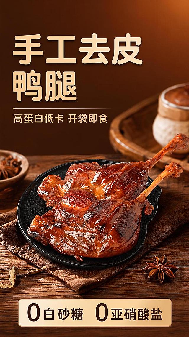 [第1屏] 详情页头图-鲨鱼菲特去皮鸭腿产品宣传海报。本屏使用【图1】作为商品主体。
[氛围/风格] 美食食欲海报风，暖棕渐变背景，突出卤肉光泽质感，商业美食摄影风格。
[元素布局] 产品鸭腿置于画面中下区域，占比约70%，保留产品原有结构、颜色和质感；左上预留标题区，背景搭配简约餐盘装饰；主体鸭腿光泽油润，保持原产品造型不变。
[光影质感] 顶部暖柔光照明，底部自然投影，突出鸭皮肤和肉质油亮光泽，整体明暗层次清晰。
[配色色系] 全局底色 #6b3c1e；主色暖棕红；辅助色浅棕文字和白色餐盘。
[视角构图] 正面平视视角，产品为视觉中心，阅读动线左上标题→中下产品，构图稳定自然。
[文字版式] 版式为左上标题+中下产品。主标题「手工去皮鸭腿」，副标题「高蛋白低卡 开袋即食」，加粗圆角黑体；底部色块标注卖点「0白砂糖 0亚硝酸盐」；文字不遮挡主体产品，清晰易读。
[比例分辨率] 9:16 竖版比例，4K分辨率，文字清晰可辨，高清画质。
[负向提示词] 产品变形，缺件错件，颜色偏差，水印，文字错乱，产品模糊，背景杂乱