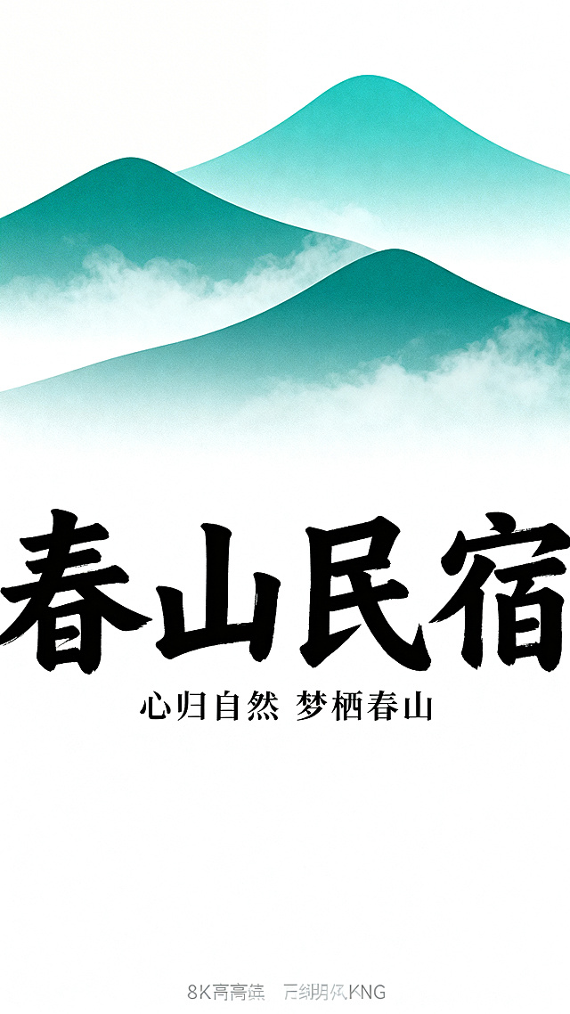 极简扁平化矢量风格海报，画面垂直分为上下两部分：上部占70%，是三座连绵的青绿色渐变山峰，山间缭绕着薄雾；下部占30%，展示四个毛笔大字"春山民宿"，大字下方有小字"心归自然 梦栖春山"。整体为纯白色背景，留白充足，风格干净雅致，适合品牌宣传，8k超高清，透明底PNG
