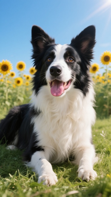 一只黑白相间的边境牧羊犬，耳朵竖起，嘴巴张开露出粉红色的舌头，眼神明亮，毛发蓬松柔软，趴在绿色的草地上，背景是一片阳光明媚的向日葵花田，天空湛蓝，阳光充足，光影清晰，写实风格，高清画质。预览效果