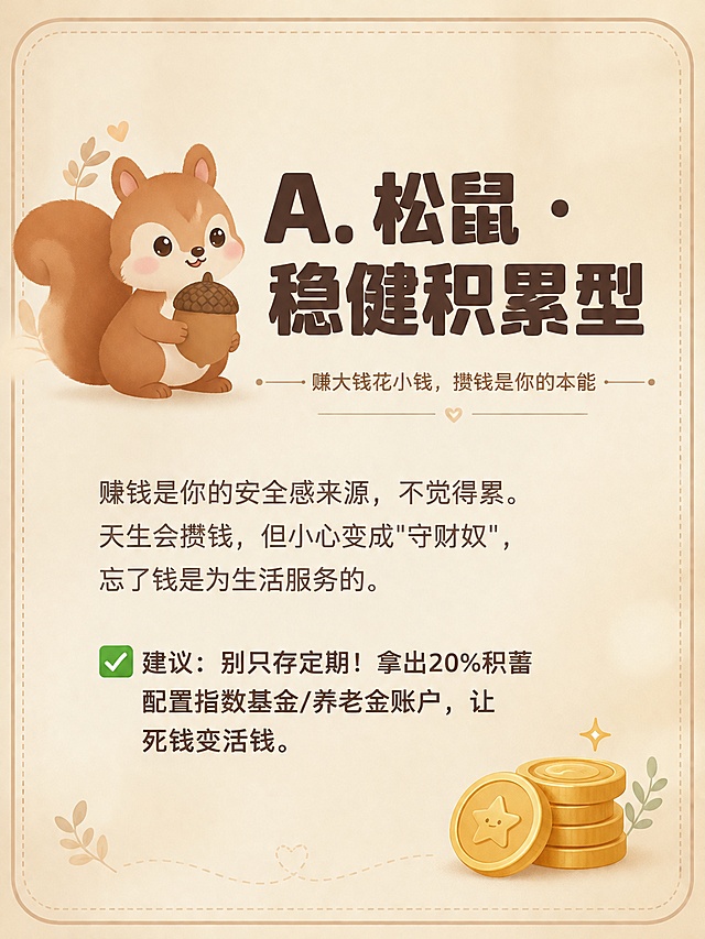 小红书笔记内页图，ins清新奶油风，与封面风格统一，版式精美，小红书笔记质感。主标题：「A. 松鼠 · 稳健积累型」，深棕色扁平粗黑体，左侧有一只可爱的松鼠扁平插画抱着橡果。副标题小字：「赚大钱花小钱，攒钱是你的本能」。正文内容分两段：第一段「赚钱是你的安全感来源，不觉得累。天生会攒钱，但小心变成"守财奴"，忘了钱是为生活服务的。」第二段前面有绿色对勾图标，写「建议：别只存定期！拿出20%积蓄配置指数基金/养老金账户，让死钱变活钱。」背景：奶油米色渐变弥散底，柔和温暖，有细圆角线框装饰。右下角有金币emoji小贴纸。整体氛围：轻松治愈、干货分享感。画质：高清细腻，信息层级清晰，文字完整处于安全区内不可裁切，四周留安全边距。画面比例3:4，4K。