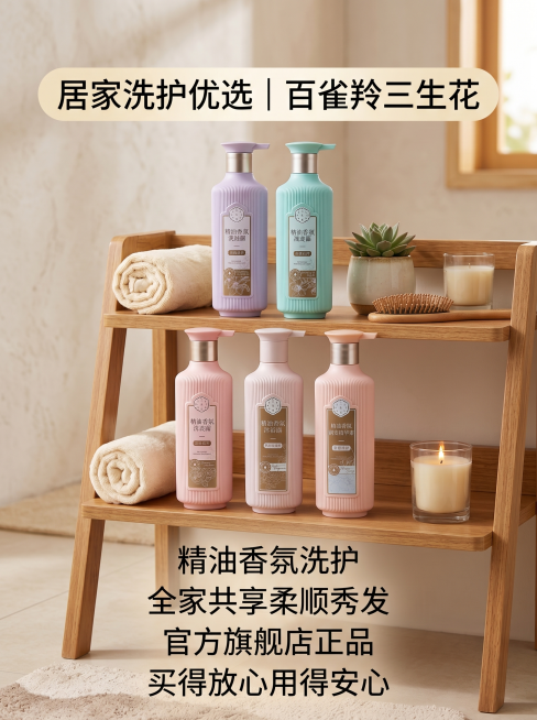 温馨的家居浴室环境，置物架上摆放着百雀羚三生花洗护产品，旁边点缀生活物品，营造居家温馨氛围，添加文字文案：居家洗护优选 | 百雀羚三生花，精油香氛洗护，全家共享柔顺秀发，官方旗舰店正品，买得放心用得安预览效果