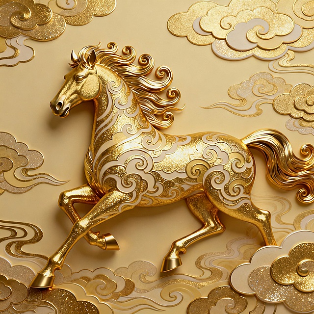鎏金浮雕骏马，融合中式古典纹样与3D重拟物设计，祥云环绕，尽显奢华民族风韵。