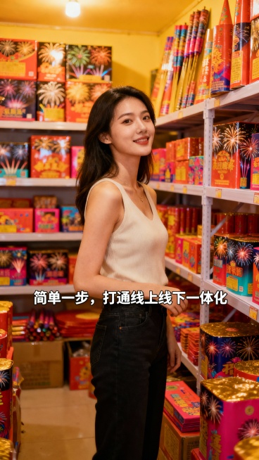 美女在琳琅满目的烟花店,字幕： 简单一步，打通线上线下一体化。预览效果