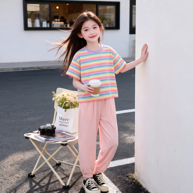 用图1的短袖和裤子替换图的2的人物穿搭衣服裤子，保留原场景光影，保持图2的人物的五官和发型不变，图片宽高尺寸不变，背景不变，鞋子不变，人物姿势不变，保持图1的短袖和裤子的款式材质不变和颜色不变预览效果