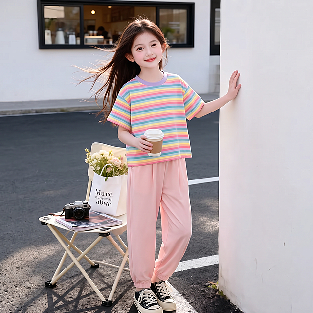用图1的短袖和裤子替换图的2的人物穿搭衣服裤子，保留原场景光影，保持图2的人物的五官和发型不变，图片宽高尺寸不变，背景不变，鞋子不变，人物姿势不变，保持图1的短袖和裤子的款式材质不变和颜色不变