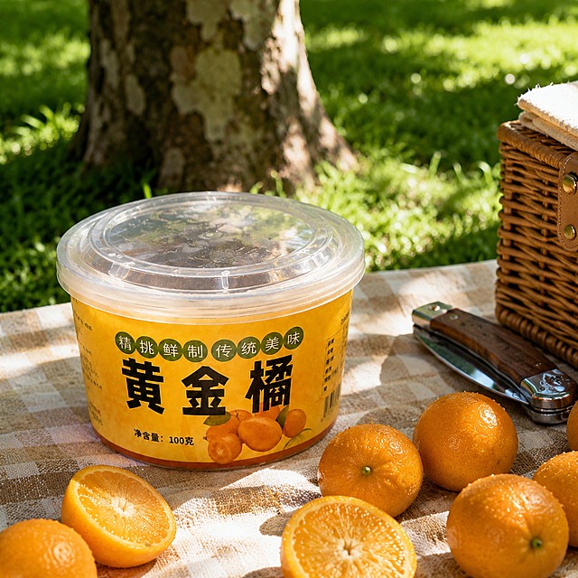 黄金橘塑料密封罐，严格参照上传产品图，完整保留所有可见组件、部件、轮廓形状、结构、比例、材质质感、颜色与产品文字信息（"黄金橘"、"精挑鲜制 传统美味"、"净含量：100克"）不变，周围保留椭圆形金橘和水珠细节。户外野餐生活场景，产品放置在米白色格子纹棉麻餐布上，背景是绿色草坪和梧桐大树，阳光透过树叶洒下斑驳光影，旁边放着折叠野餐刀和藤编篮子一角，氛围松弛惬意。主光为树影间午后自然光，产品受光面泛起暖调光斑，暗部映射草绿色光晕，自然真实。产品偏左，俯拍特写，微侧15°视角。4K分辨率，严格锁定宽高比为 1:1。