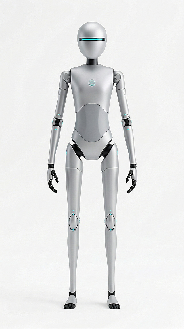 未来感十足的3D金属机器人，流线型设计融合科技蓝光点缀，展现高精度3D角色风，冷峻而富有现代感。