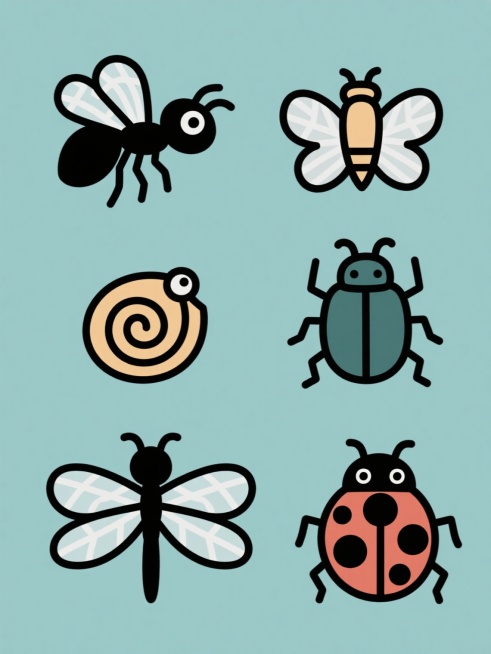 平面设计风格，纯色背景，六个完全不同的昆虫元素系列素材集合规整排布，每个昆虫采用粗黑色轮廓线条勾勒，内部填充简约色块，眼睛为螺旋状图案，翅膀半透明并带有细密纹理，包括蚂蚁、蝴蝶、蜜蜂、甲虫、蜻蜓、瓢虫，整体保持简洁可爱的卡通风格，无文字和二维码预览效果
