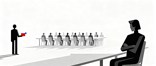 Minimalist flat illustration, geometric style, cold rational, diagonal composition with leading lines, pure white background with 70% negative space, one simple black geometric figure on the left holding a small red envelope with blue #5B9BD5 small accent looking toward a large table with many people seated, on the right side another black geometric figure sitting alone at the table with arms crossed and head turned away, indifferent expression, no shadows no gradients no text, high contrast atmosphere, 2.35:1 aspect ratio