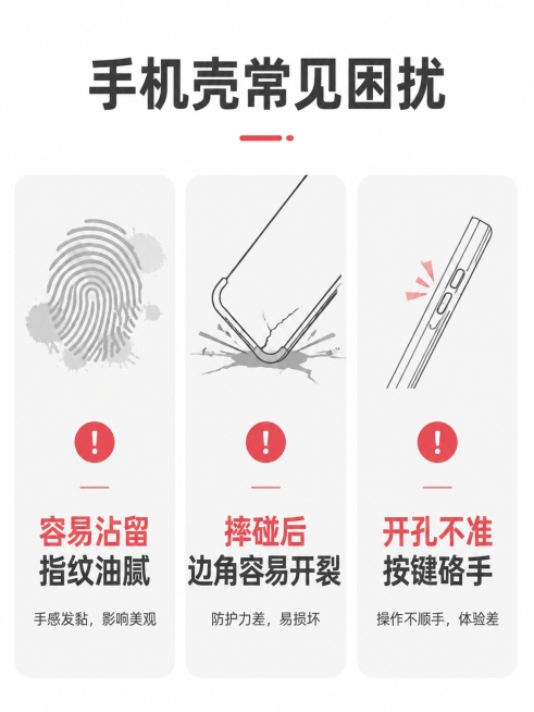 [第2屏] 痛点直击-普通手机壳常见使用问题。无需放入产品图
[氛围/风格] 简洁干货风，清晰对比痛点。
[元素布局] 页面分为三栏卡片布局，每栏展示一个常见痛点，配简单场景图标；背景采用浅灰白分隔，预览效果