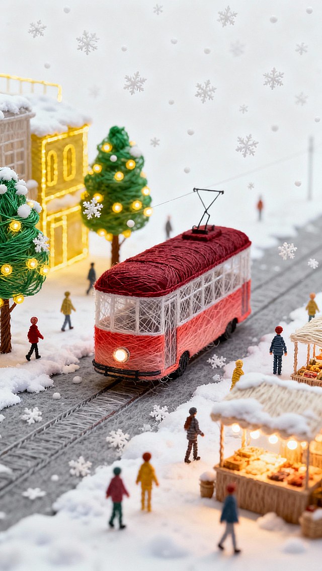 雪花纷飞中，复古红电车行驶在积雪的街道上，行人穿梭其间。街道旁装饰着亮灯的树，建筑灯火璀璨，还有集市摊位的暖光
