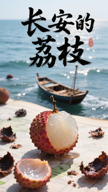 画面标题是书法艺术字体“长安的荔枝”，一颗剥开的新鲜荔枝，背景是一副航海海面，地图上很小一艘船、一艘渔船散落的腐坏的荔枝，仰视角度预览效果