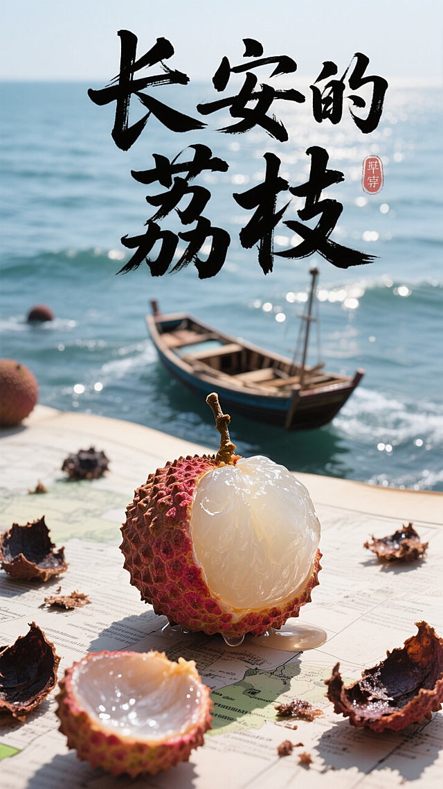 清新实景风格，大字风突出“长安的荔枝”，海边小船映衬，果肉晶莹剔透。