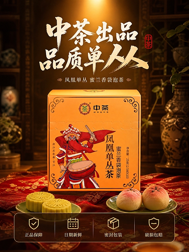 [主图-5] 转化促单 中茶品质保障 沉浸式礼盒氛围感 竖版
[统一基调] 沉浸式氛围感新中式国风 暖琥珀金与深茶褐为主色 米白辅助字色 朱红印章强调色 主标题用粗笔刷书法体带飞白墨迹 辅助文案用细宋体 整体暖调柔光 茶香氤氲雾气 古雅禅意
[画面] 竖版构图 产品包装盒正面居中 占画面40% 盒子下方铺暗红色织锦缎 旁边摆放精致的中式茶点 绿豆糕 桃花酥 各两块 放在青瓷小碟中 背景是虚化的中式博古架 上面摆放瓷器摆件与绿植 暖黄色射灯从上方打下 营造精品茶礼的沉浸式氛围感 画面底部有半透明深色悬浮条 放服务承诺图标 上方放主标题
[光影质感] 顶部暖光聚光灯效果 产品主体明亮 四周暗角处理 突出礼盒质感 包装盒表面有高级光泽 茶点表面有细腻纹理 整体高端茶礼摄影质感
[配色] 深红织锦底色 暖金聚光 产品橙金 米白文字 朱红印章 整体高端红金配色
[文字版式] 上方主标题 中茶出品 品质单丛 下方细宋体 凤凰单丛 蜜兰香袋泡茶 底部悬浮条从左到右四个图标加文字 正品保障 日期新鲜 密封包装 破损包赔 文字居中对齐
[输出要求] 750*1000竖版3:4比例 文字清晰 产品清晰 无错字 无水印 无平台logo 禁止服务承诺文字遮挡产品 禁止茶点喧宾夺主