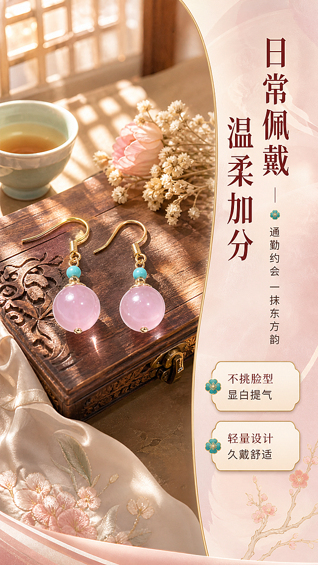 [商品] 使用【图1】左侧粉玉髓耳环产品图；保留金色耳钩、绿松石小珠、粉玉髓圆珠的结构、颜色、材质和比例；自然摆放，不改变商品本体。
[画面] 场景种草，单场景沉浸型。耳环放置在中式梳妆台上，旁边有青瓷小茶杯、干花束、丝绸手帕，阳光从左侧窗棂洒入形成斑驳光影，营造温婉日常氛围，耳环占画面40%。
[视觉] 套系策略：风格=东方雅致国风轻奢商业摄影；标题字=宋体衬线粗体；正文字=简洁无衬线体；主色=粉金渐变；背景延展=基于柔粉与浅金做深浅层级、同色渐变和细腻丝绸/宣纸质感；强调色=松石绿，仅用于小面积图标、引线和标签；标题色=深酒红；正文色=暖棕灰；组件=圆角金边信息卡、细线引线、梅花小图标；光影=左前侧暖柔光，右侧轮廓光。
[文字] 右上竖排区域主标题"日常佩戴 温柔加分"，副标题"通勤约会 一抹东方韵"，下方2个卖点：「不挑脸型 显白提气」「轻量设计 久戴舒适」，文字区不遮挡耳环主体。
[规格] 图片比例9:16竖版，4K，避免变形、错字、文字过小、冷蓝背景、耳环颜色改变、结构失真。