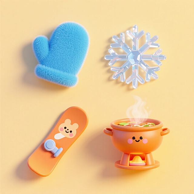 4个冬季美食元素，分别是：蓝色毛绒手套，立体雪花，可爱图案的滑雪单板，橙色外观的冬季火锅。元素上下两行整齐排列，背景为淡黄色。