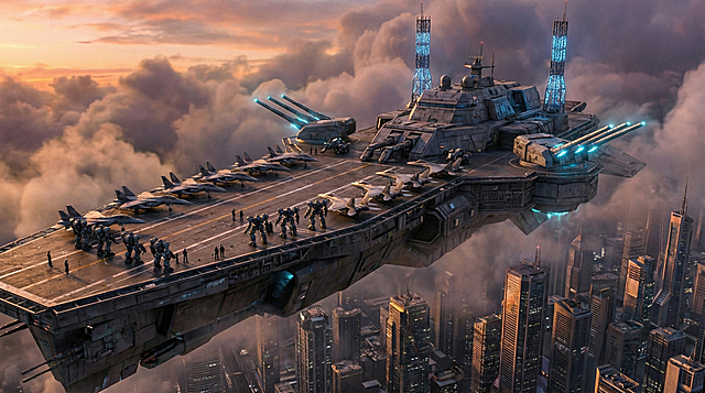 未来主义空中堡垒穿行云层，甲板搭载变形战斗机组，战术机甲群摆出防御阵型，每个机甲群由一个机甲战士控制，三联装等离子炮塔旋转锁定目标，晶格通信塔散发幽蓝光芒，下方超高层建筑群反射着金属冷光。要有好莱坞科幻电影质感