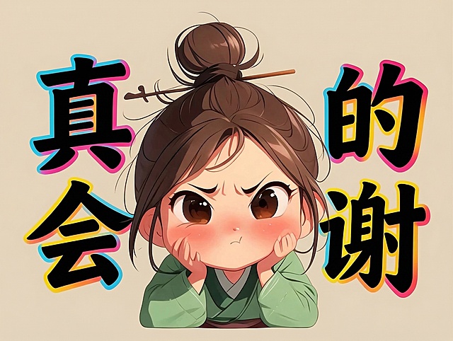 将背景颜色统一调整为纯色浅米色，保留原图片所有内容：Q版古风丸子头女生，文字“真的会谢”，人物和文字样式不改变，仅统一背景颜色