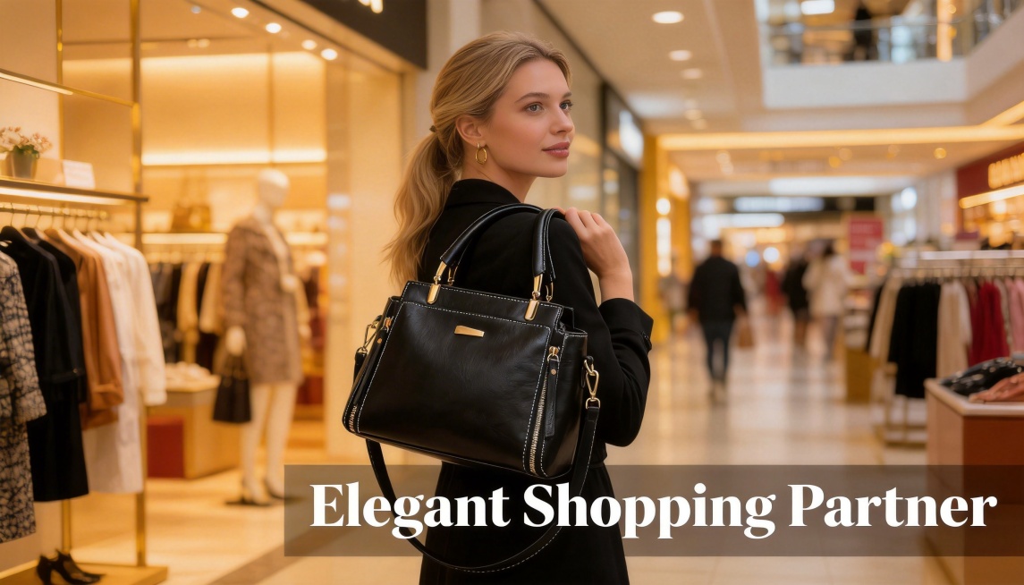 A European and American woman carrying this black leather handbag while shopping in a mall, the hand预览效果