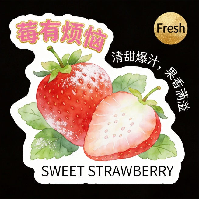 异形卡片，整体为草莓果实+叶片轮廓，白色底色+清晰白色粗描边，纯黑背景。主体是鲜红带白霜的草莓（带绿叶与果蒂），半颗切开露出嫩白果肉与籽点，水彩质感清新治愈。文字全部环绕在水果外围排版：主标题"莓有烦预览效果