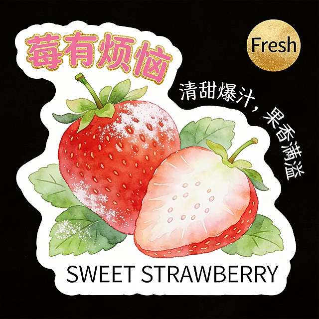 异形卡片，整体为草莓果实+叶片轮廓，白色底色+清晰白色粗描边，纯黑背景。主体是鲜红带白霜的草莓（带绿叶与果蒂），半颗切开露出嫩白果肉与籽点，水彩质感清新治愈。文字全部环绕在水果外围排版：主标题"莓有烦恼"（圆润艺术体，草莓粉+金箔描边），小字标语"清甜爆汁，果香满溢"（手写体）沿右侧弧形排列，右上角加烫金圆形小标"Fresh"，英文"SWEET STRAWBERRY"置于底部边缘。文字不遮挡主体，排版活泼高级。