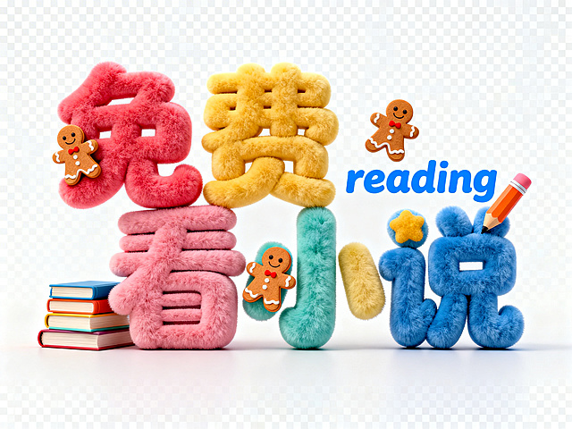 胖乎乎的毛绒质感的童趣立体字体设计 “免费看小说”（每个字颜色不一样）。蓝色英文 “reading” 小字。字体上装饰姜饼人、书本、铅笔等小元素，矢量图形透明背景，清新配色