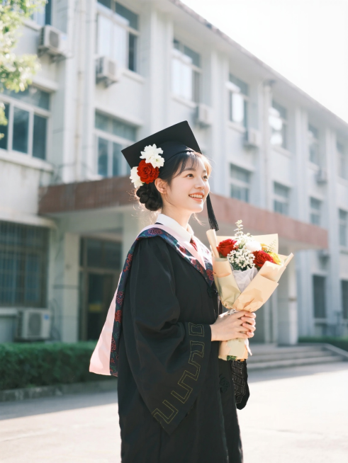 女生，毕业照，正面照，笑容灿烂，穿着学士服，戴着学士帽，手里拿着花束，阳光，背景是校园教学楼预览效果