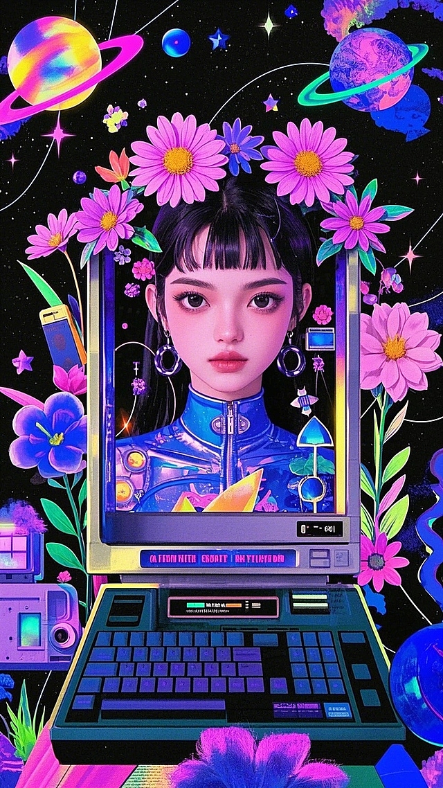 时尚的少女头像正面特写，复古未来主义，图像拼贴，图像轮廓提取，合成艺术，酸性设计，拼贴艺术，鲜花，植物元素，宇宙元素，生物元素，科技产品元素，复古电脑界面，复古工具栏，大光标，科幻，裁切感，细节精致，配色高级，创意作品，杰作