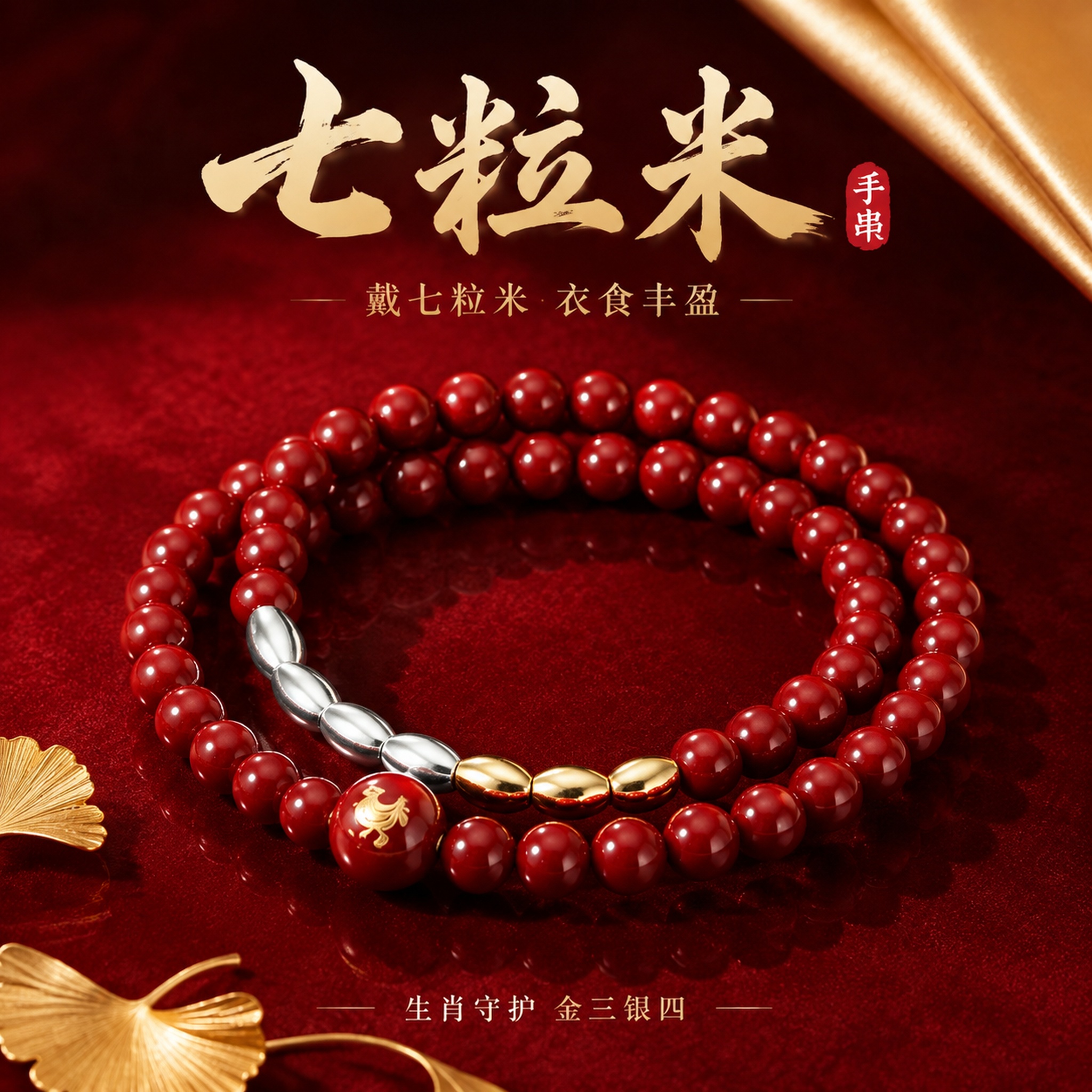 [主图-1] 七粒米生肖手串红金国潮首图 [氛围风格] 红金国… - 图片创意预览