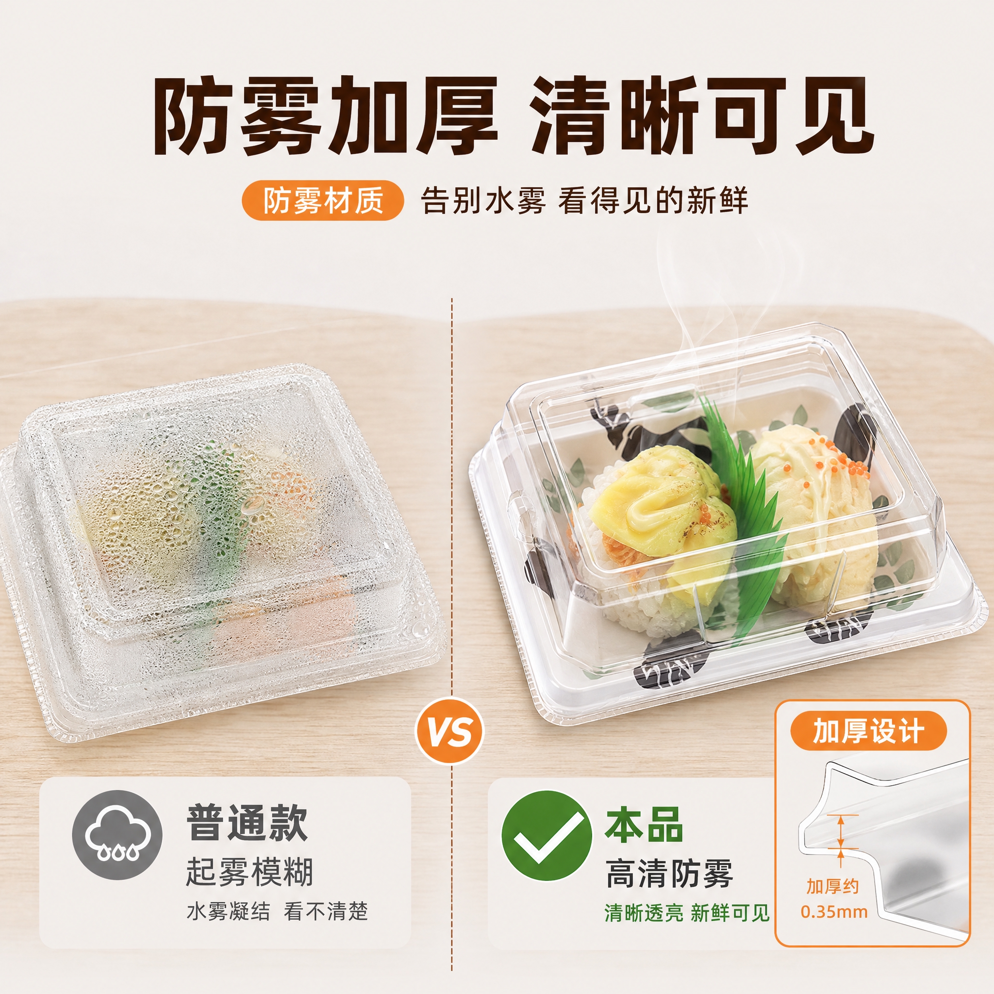 [主图-2] 小号寿司外卖盒核心卖点图，重点证明防雾加厚效果。… - 图片创意预览