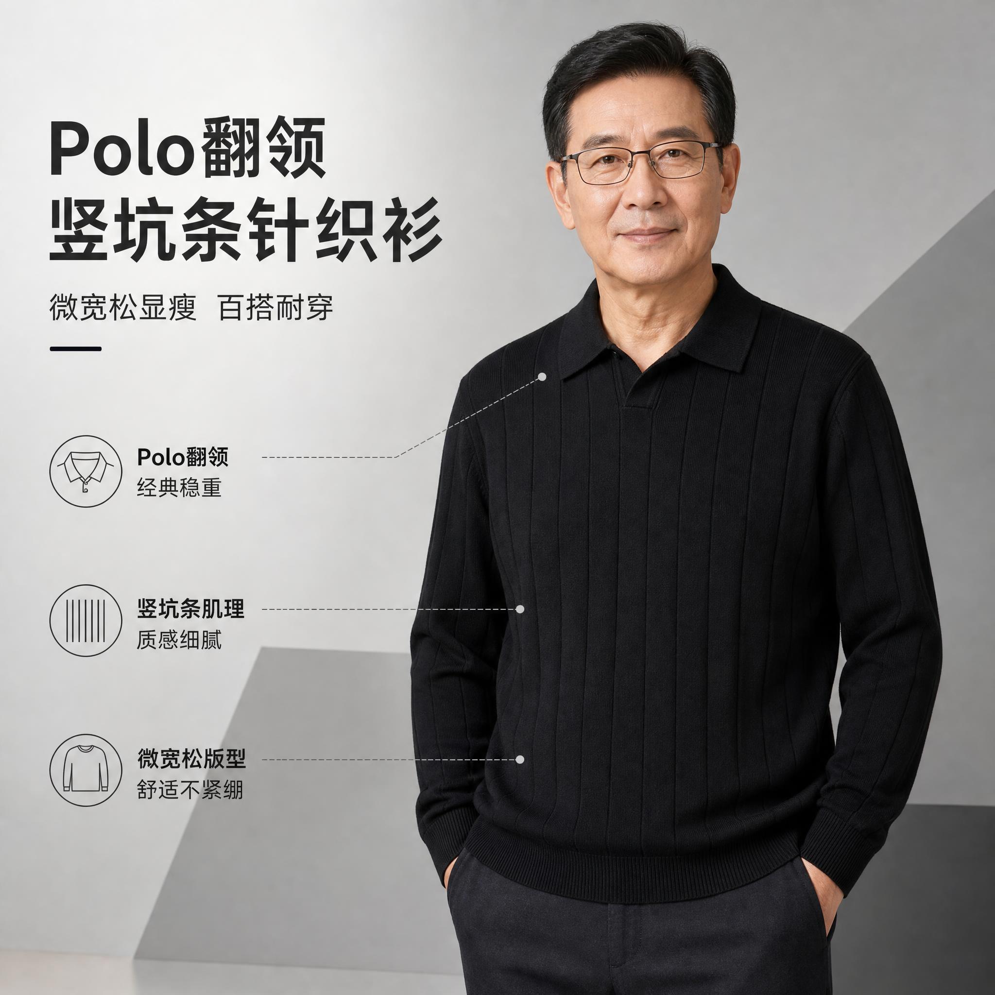 [单张主图] 黑色Polo翻领竖坑条针织衫中老年男装京东主图，… - 图片创意预览