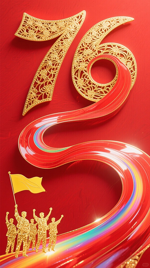 鎏金浮雕风数字“76”搭配3D流光轨迹，重拟物设计展现喜庆政务氛围，金色人物群像举旗前行，彰显奢华庆典感。