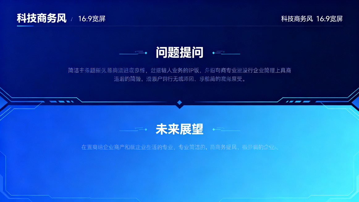 16:9宽屏PPT内容页，问题与展望，深蓝色渐变背景，上半部分预留问题提问区域，下半部分预留未来展望文字位置，科技商务风预览效果
