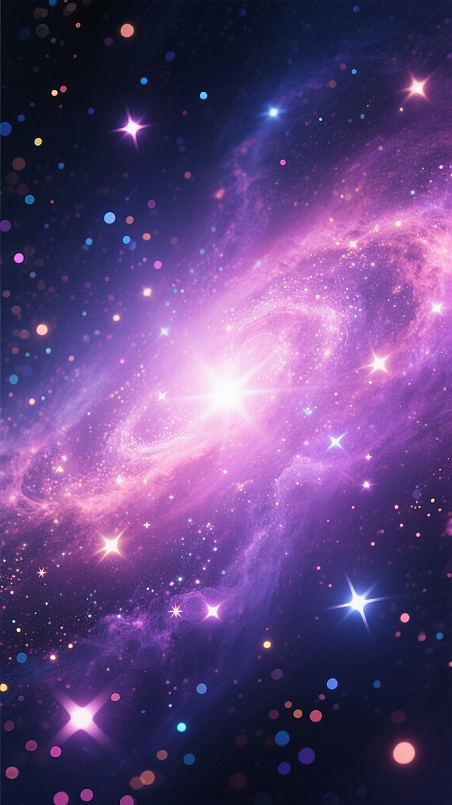深邃宇宙背景下，无数闪烁的彩色星光组成梦幻星云，紫色与粉色的渐变光晕环绕着明亮的星辰，星光呈现出柔和的光斑效果，整体画面充满浪漫神秘的科幻氛围，星星的分布疏密有致，部分区域形成璀璨的星团，背景带有淡淡的星云纹理，色彩丰富且过渡自然，营造出绚丽而宁静的星空景象。