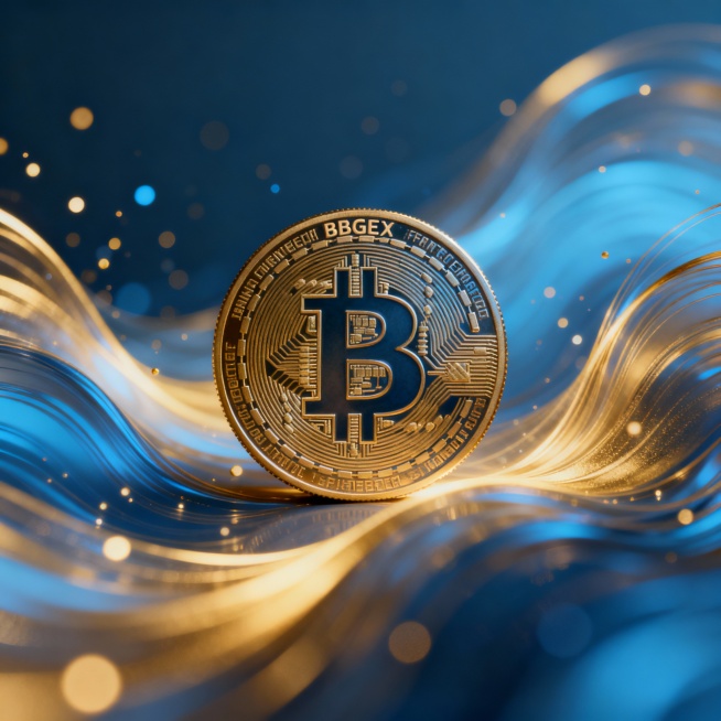 Abstract BBGEX coin surrounded by flowing light waves and particles, gradient blue-gold color palett预览效果