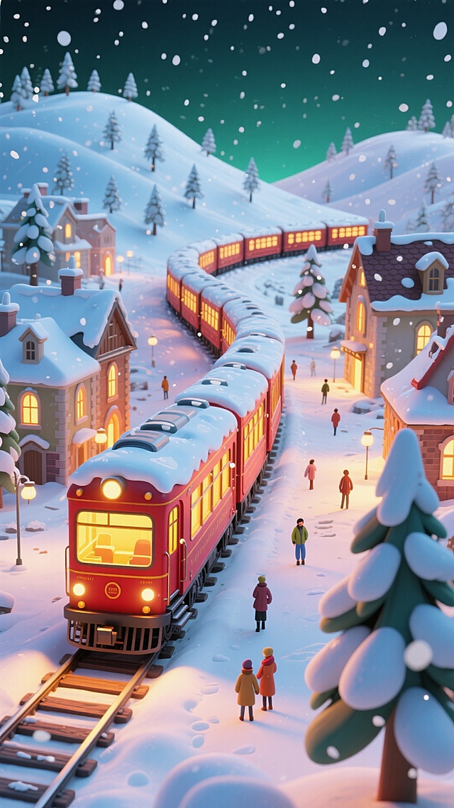 全景式构图。画面主视觉是红色复古列车蜿蜒行驶（多节车厢，车顶覆雪，车窗透出暖黄色灯光）；小镇建筑为欧式风格，屋顶积雪，窗户亮着暖灯，分布于画面两侧；雪地中散布身着冬装的行人，右下角有带覆雪树木；背景是覆雪的山坡与稀疏树木，夜空呈深绿色，飘白色雪花。