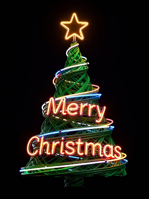 Merry Christmas 霓虹灯字母缠绕而成的圣诞树。顶部是发光的五角星。预览效果