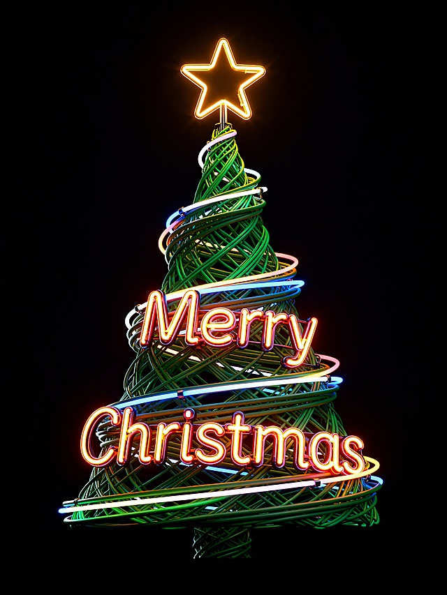 霓虹灯风3D圣诞树，炫彩光影缠绕，波普艺术感十足，虚拟现实质感，喜庆酷炫，节日氛围拉满。