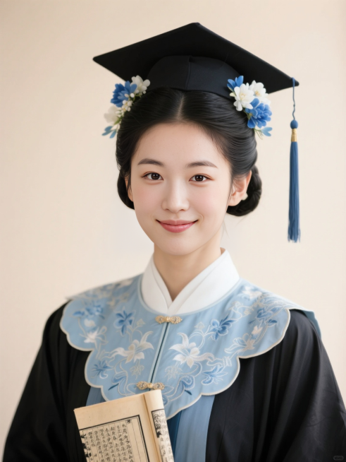 正面照，黑色古风低垂发髻，穿戴学士服学士帽，戴浅蓝色刺绣云肩，学士帽两边都簪了蓝色和白色的花，手上拿了一个本古籍，半身照，背景浅色质感，暖光预览效果