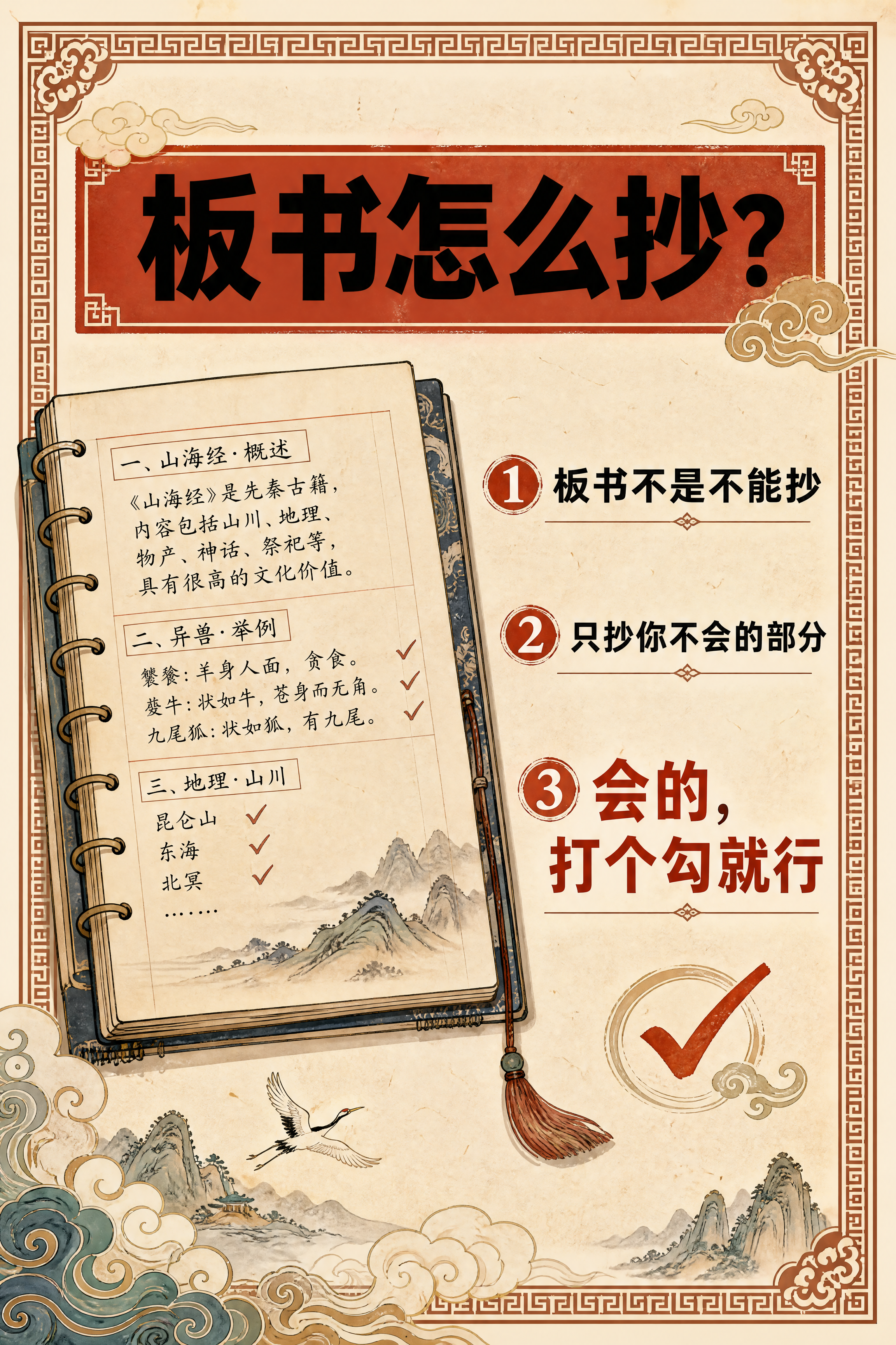 小红书笔记内页，板书怎么抄说明，国风山海经风格，米黄色宣纸纹理… - 图片创意预览