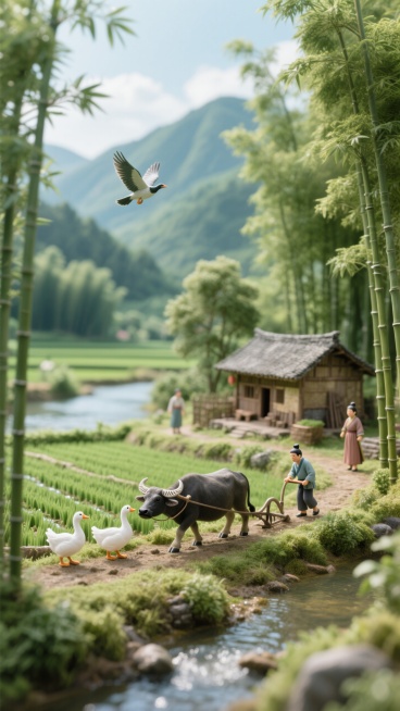 呈现出竹林场景的画面，充满自然与人文融合之美，营造出竹林氛围，飞鸟丶鹅及牛犁田点缀增添生机，展现生态的丰富与活力，传统木屋融入自然，体现当地建筑对环境的适应，身着汉族服饰的人物、传递出福建八山一水一分预览效果
