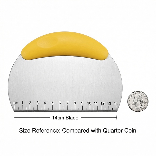 Main theme: size comparison reference. Atmosphere: intuitive size display. Elements: the dough scraper and a standard US quarter coin are placed side by side on pure white background, coin as a size reference to intuitively show the product's actual size, the product's appearance is completely consistent with the original image, the layout is neat. Composition: the product and the reference coin are placed in the center, the product occupies the main position, the coin is placed next to it for comparison. Text layout: the bottom has text "Size Reference: Compared with Quarter Coin", the product size "14cm Blade" is marked on the side of the blade, all text uses English, does not affect the display of the product.