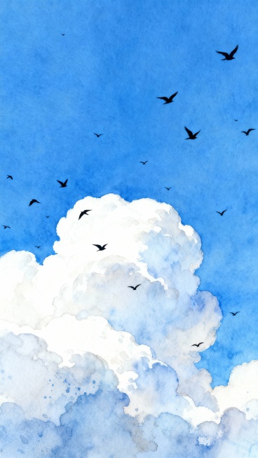 水彩风格绘画，画面以纯净的蓝色天空为背景，下方是形态饱满、边缘柔和的白色积云，云朵呈现出蓬松的质感和自然的层次过渡，天空中散布着多只黑色飞鸟，它们的剪影大小不一，姿态各异，自由地翱翔于云层之间，整体画面营造出宁静、开阔而又充满生机的氛围，色彩清新淡雅，笔触带有水彩特有的透明晕染效果和微妙的水渍纹理，构图以仰视视角展现天空与云朵的广阔与壮丽。预览效果
