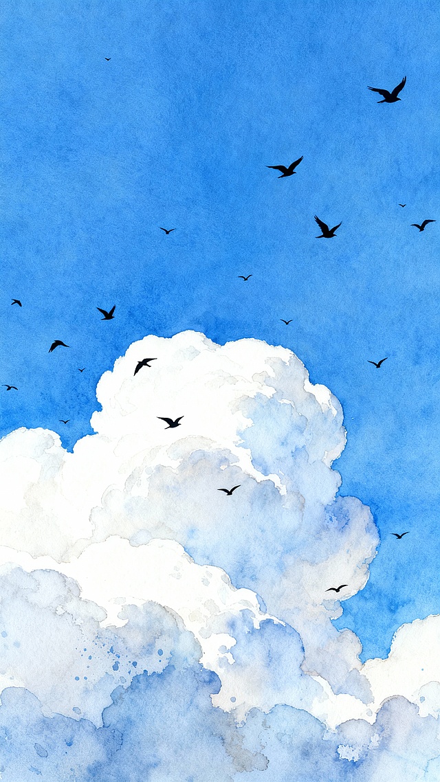 水彩风格绘画，画面以纯净的蓝色天空为背景，下方是形态饱满、边缘柔和的白色积云，云朵呈现出蓬松的质感和自然的层次过渡，天空中散布着多只黑色飞鸟，它们的剪影大小不一，姿态各异，自由地翱翔于云层之间，整体画面营造出宁静、开阔而又充满生机的氛围，色彩清新淡雅，笔触带有水彩特有的透明晕染效果和微妙的水渍纹理，构图以仰视视角展现天空与云朵的广阔与壮丽。