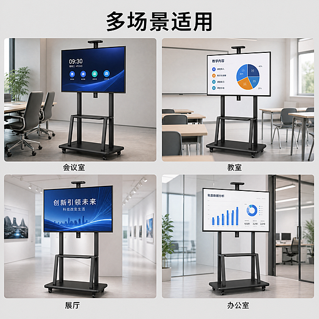 [主图-4] 可移动电视支架适用场景展示
氛围风格为生活化应用场景，真实实用感
画质要求商业场景摄影质感，光线自然柔和，产品清晰真实
四宫格展示不同适用场景：左上会议室场景支架放置会议平板，左下展厅场景支架放置展示电视，右上培训教室场景支架放置教学电视，右下办公场景支架放置商务电视，保持支架本身外观结构材质颜色与输入产品一致，每个场景中支架自然融入环境。四个宫格均匀分布，每个场景下方配简短说明文字。整体浅调背景，场景自然不抢支架主体
光影为每个场景光线自然柔和，支架主体清晰，场景亮度均匀，无过暗过曝
配色为场景色调自然，支架黑色保持一致，背景浅灰色调，文字黑色清晰
视角构图为上下两排，每排两宫格，四宫格均匀布局，每个宫格内支架完整呈现，场景背景适度虚化突出支架
文字版式为顶部主标题"多场景适用"黑色粗体居中；每个宫格下方标注场景名称：会议室、展厅、教室、办公室，小字号清晰可读
比例分辨率1:1 比例，4k 分辨率；文字清晰锐利，超高清
负向提示词：变形，文字错乱，支架外观不一致，场景杂乱，主体模糊