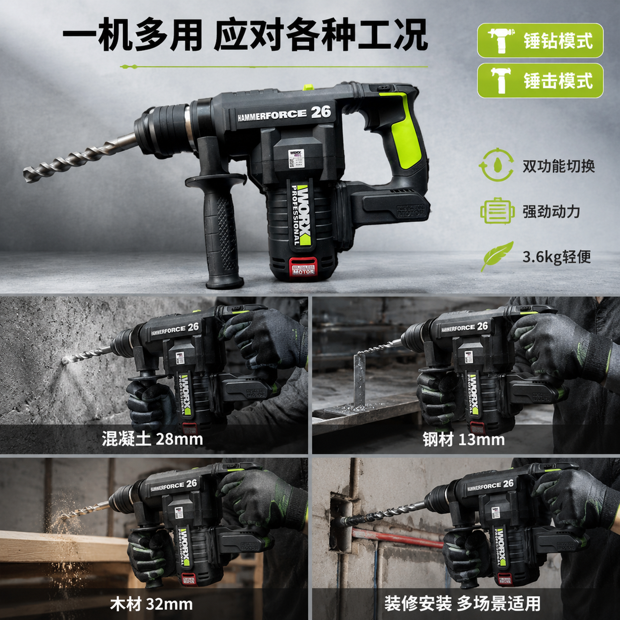 [主图-4] 威克士电锤多场景适用与功能展示图 双功能模式+多… - 图片创意预览