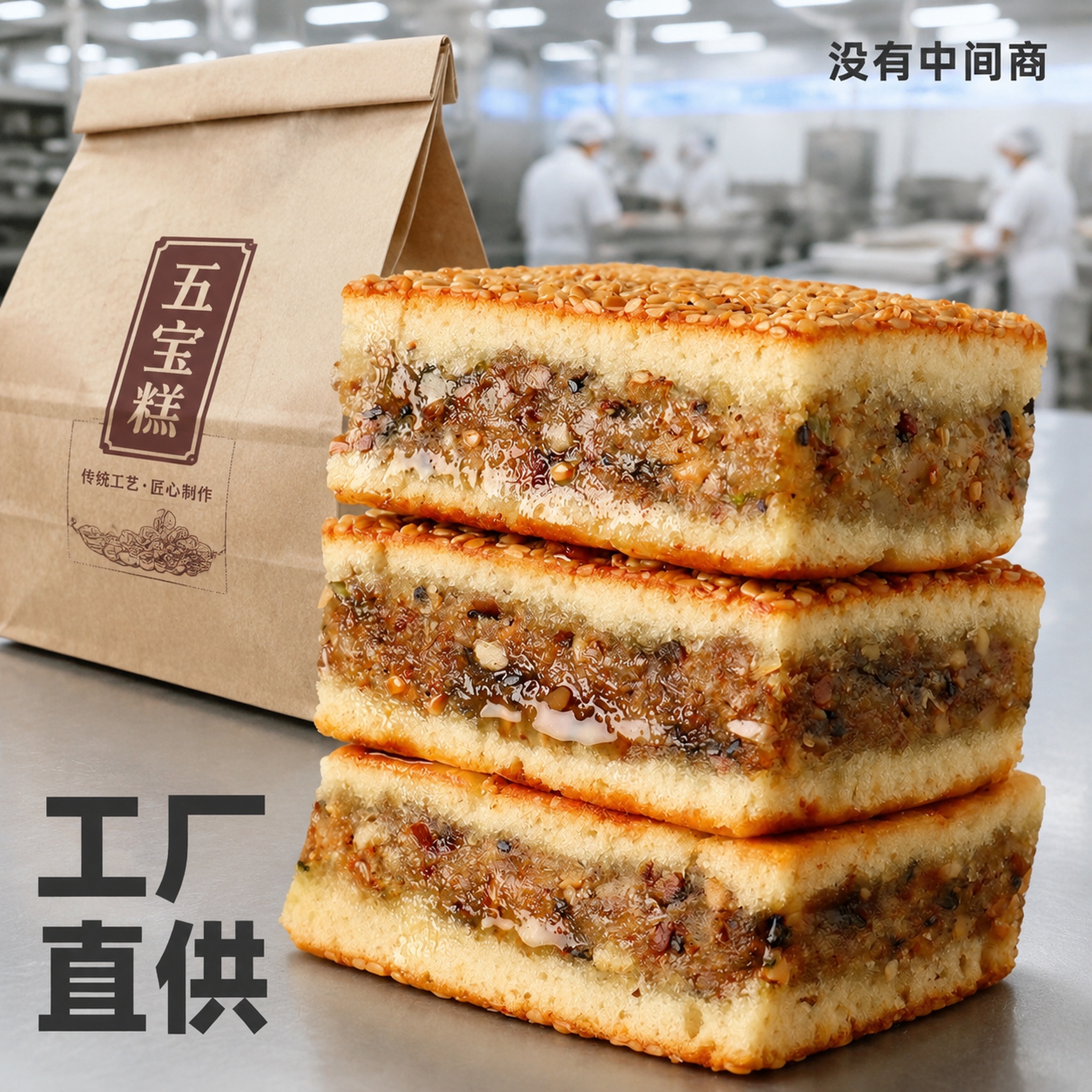 [主图-16] 三层五宝糕突出工厂直供卖点。 [氛围风格] 源… - 图片创意预览